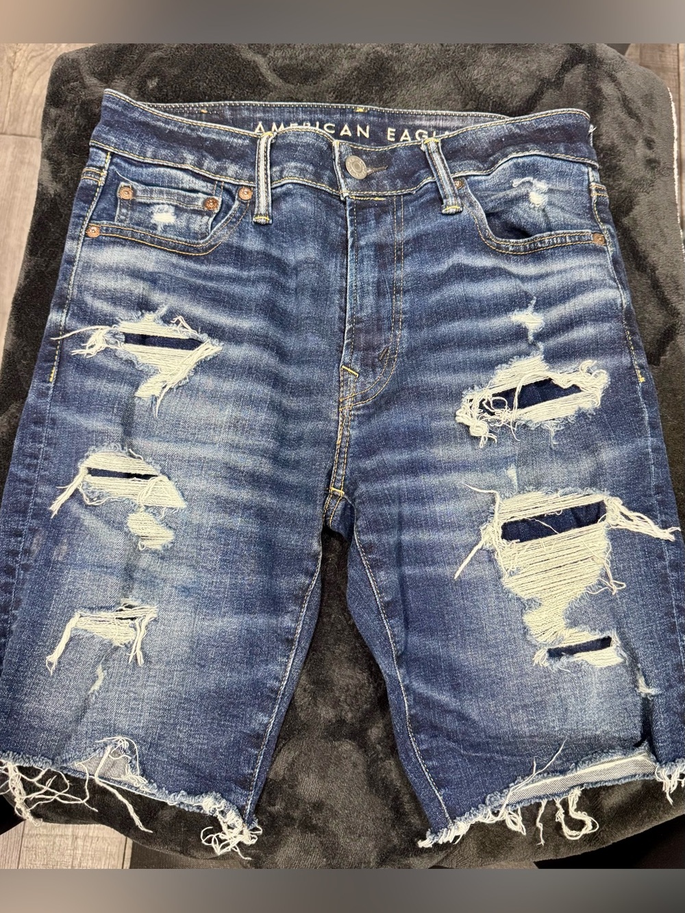 American Eagle Outfitters Distressed Dark Blue Denim Cutoff Shorts 9” inseam